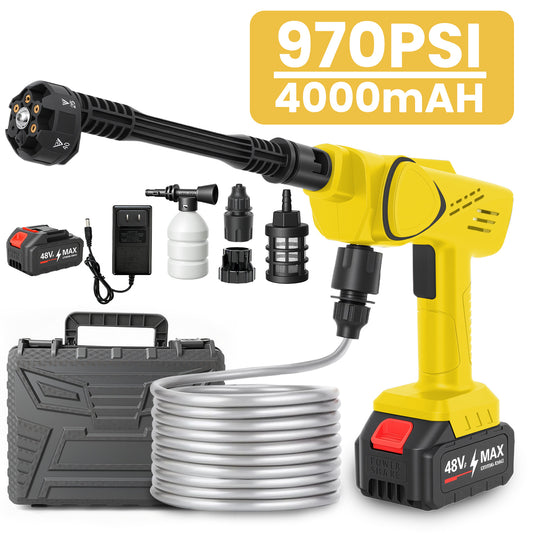 BAOKALER Cordless Pressure Washer, 970PSI Portable Power Washer with 4AH Battery, 6 in 1 Nozzle Electric High Power Washer with Brushless Motor, Yellow