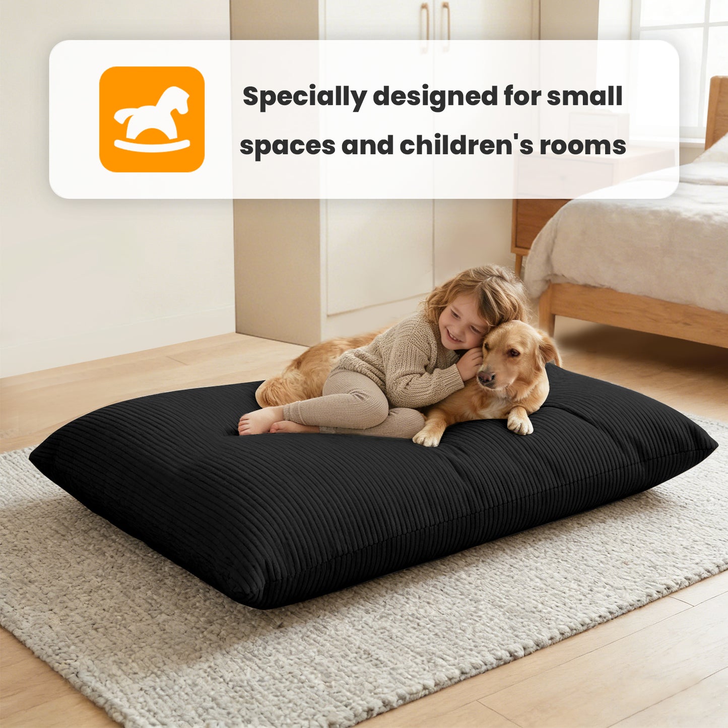 CATGOOD 3-in-1 Bean Bag Chair for Kids Adults, Convertible kids chair with Skin Friendly Fabric for Living Room, Bedroom, Black