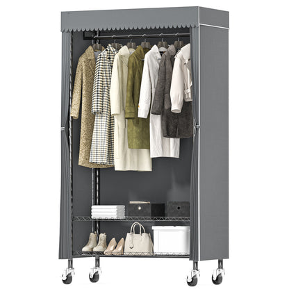 Heavy Duty Clothing Rack with Gray Dust Cover, Max load 300 LBS,Rolling Clothes Rack for Hanging Clothes, Freestanding Garment Rack with 2-Tier Storage Shelf Wheels Hanging Rod Cover, 35.4"x17"x72.4"