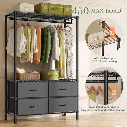 Clothes Rack, Heavy Duty Clothing Rack for Hanging Clothes, 4-Tier Adjustable Closet Organizer with 4 Drawers, Hanging Rod Side Hooks Load 445lbs