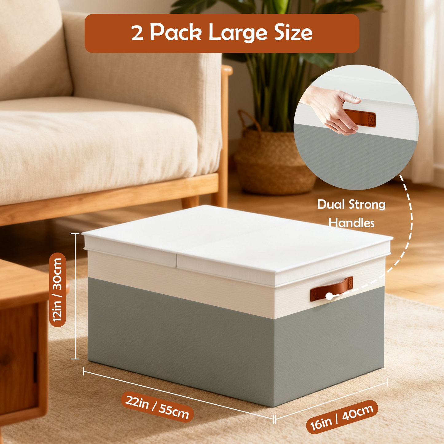 Storage Bins with Lids, 2 Pack Extra Large Blanket Storage Baskets with Lids, Closet Organizers Bins for Living Room, Nursery, Gray and White