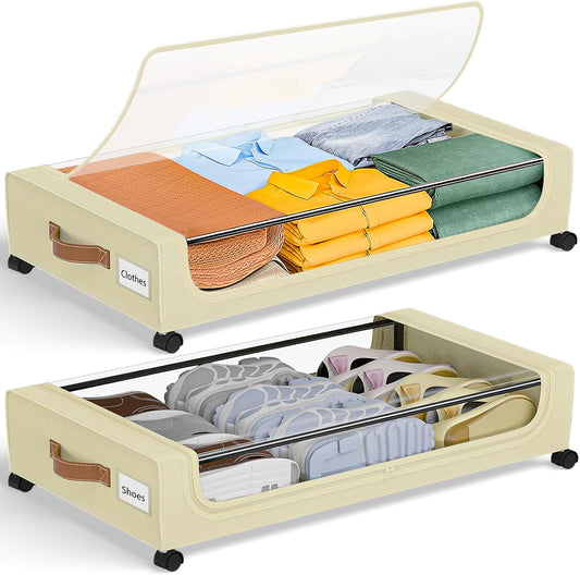 Under Bed Storage with Wheels, 2 Pack Under Bed Storage Containers, 60L Under Bed Shoe Storage with Clear Window & Label, Rolling Under Bed Metal Drawer for Clothes, Shoes,Toys, Books, Blankets