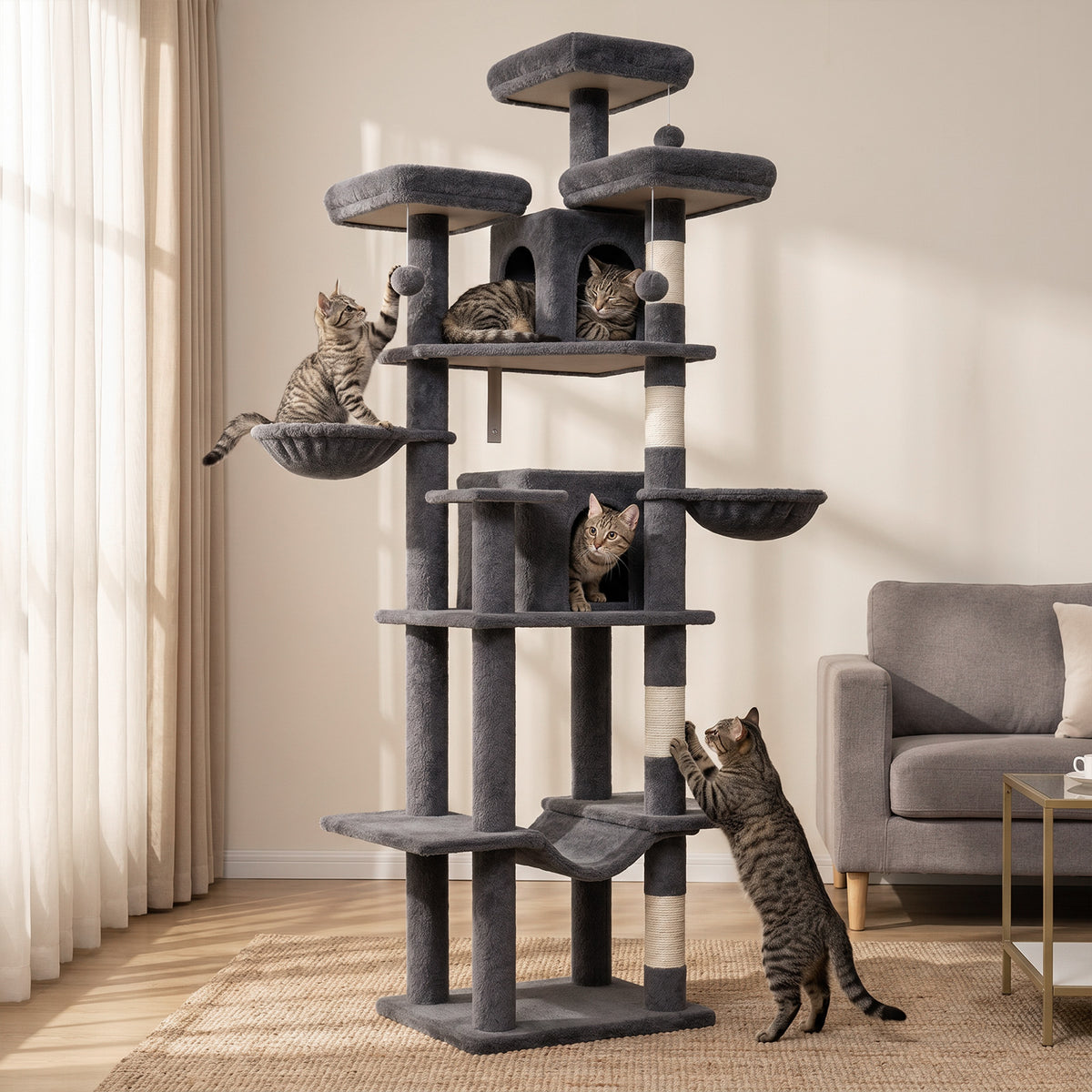 80" Cat Tree Tower, Big Cat Tower for Multiple Adult Cats, Multi-Level Tall Cat Tree with 3 Platforms, 2 Condos, 2 Hanging Basket, Hammock and Scratching Frame for Indoor Kitties, Dark Grey