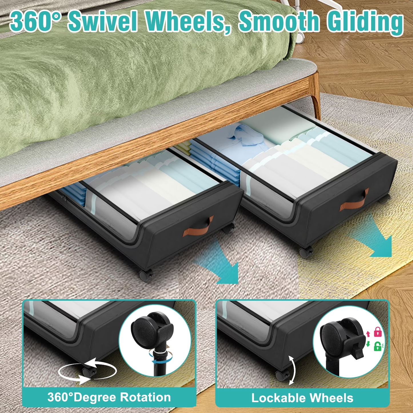 Under Bed Storage with Wheels, Under Bed Storage Containers, Under the Bed Storage Organizer with Clear Lids - Rolling Drawers & Bins for Clothes,Shoes,Toys, 2-Pack (Black)