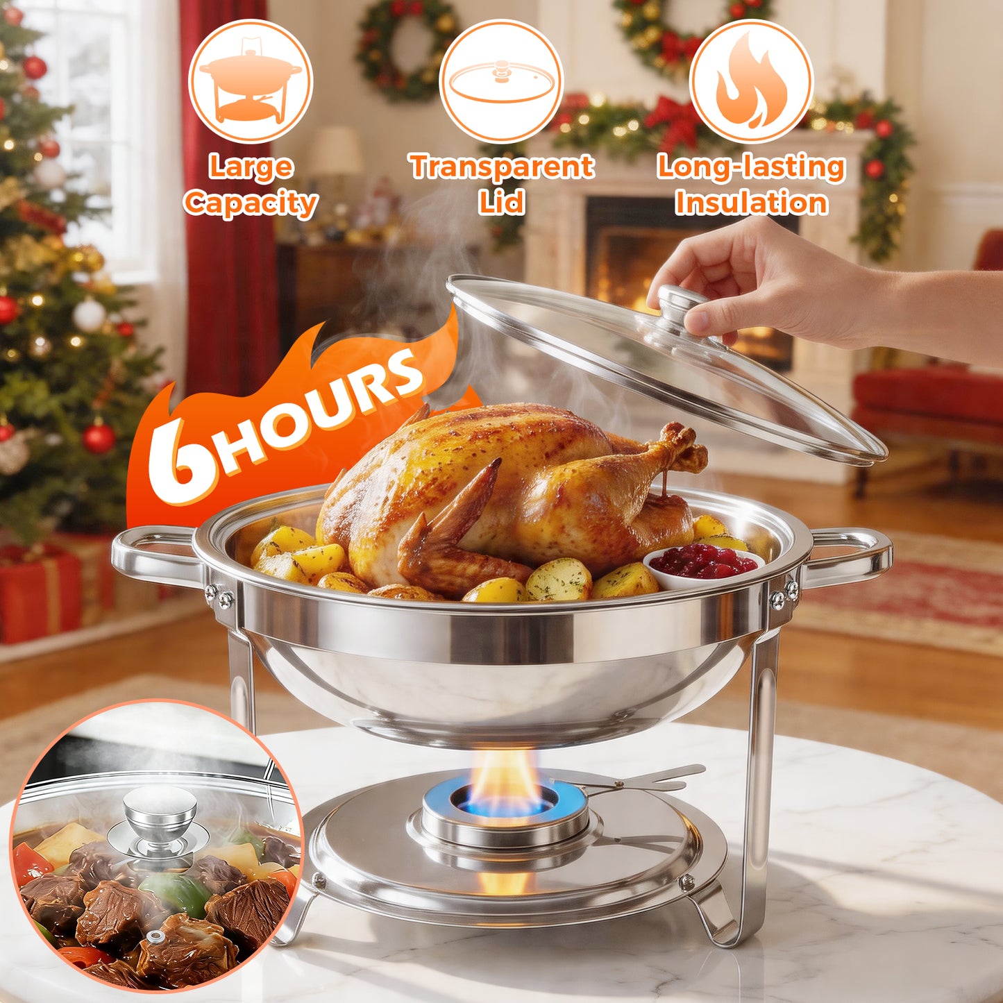Chafing Dish Buffet Set, 5 Qt 4 Pack, Stainless Steel Chafer with 4 Full Size Pan, Round Catering Warmer Server with Glass Lid Water Pan Folding Stand Fuel Holder, for Wedding Party Banquet