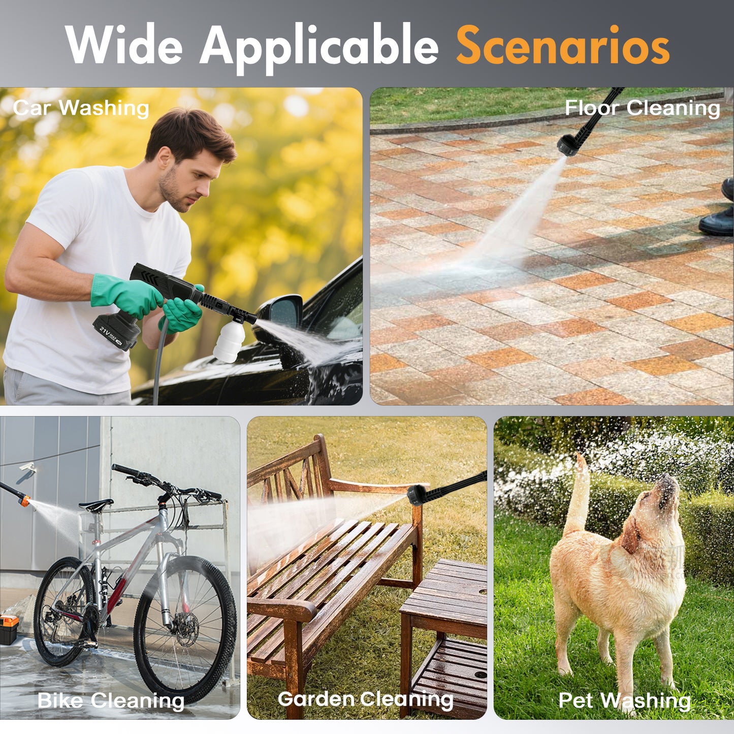 21V 6 In 1 Nozzles Car Power Cleaner Machine, 3200RPM,500PSI, Portable High Pressure Car Wash, Cordless Pressure Washer with 2 Rechargeable Batteries, 32.8FT Water Pipe