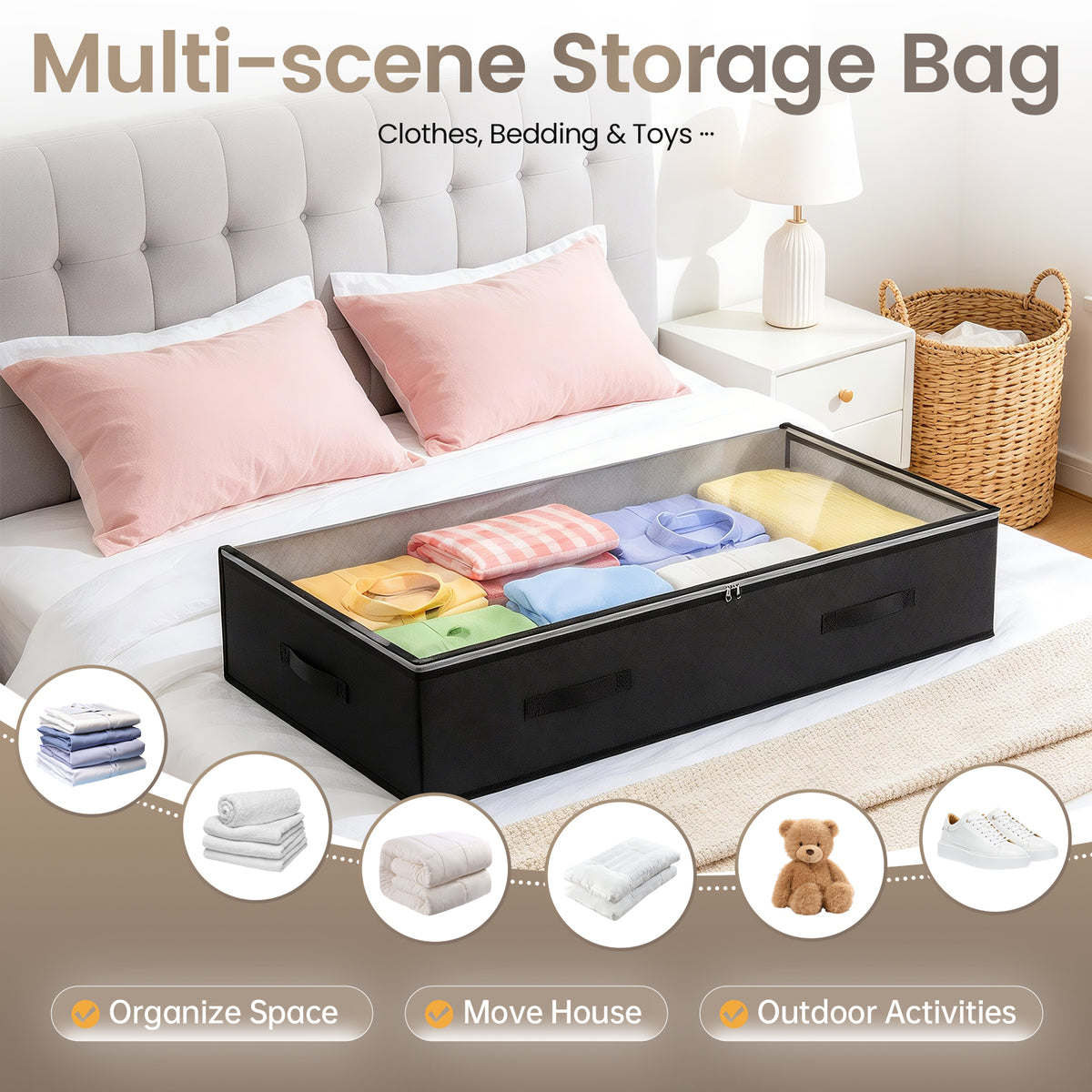 90L Under Bed Storage Containers, Foldable Underbed Storage Bags with Clear Window & Reinforced Handles for Blankets, Clothes, Gray 6PK