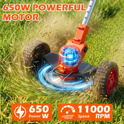 Weed Eaters, Cordless Weed Trimmer with Wheels, 2Pcs 4000mAh Batteries, Adjustable Length, 650W Grass Trimmer/Edger/Brush Cutter for Lawn Yard Garden Maintaining (Orange)