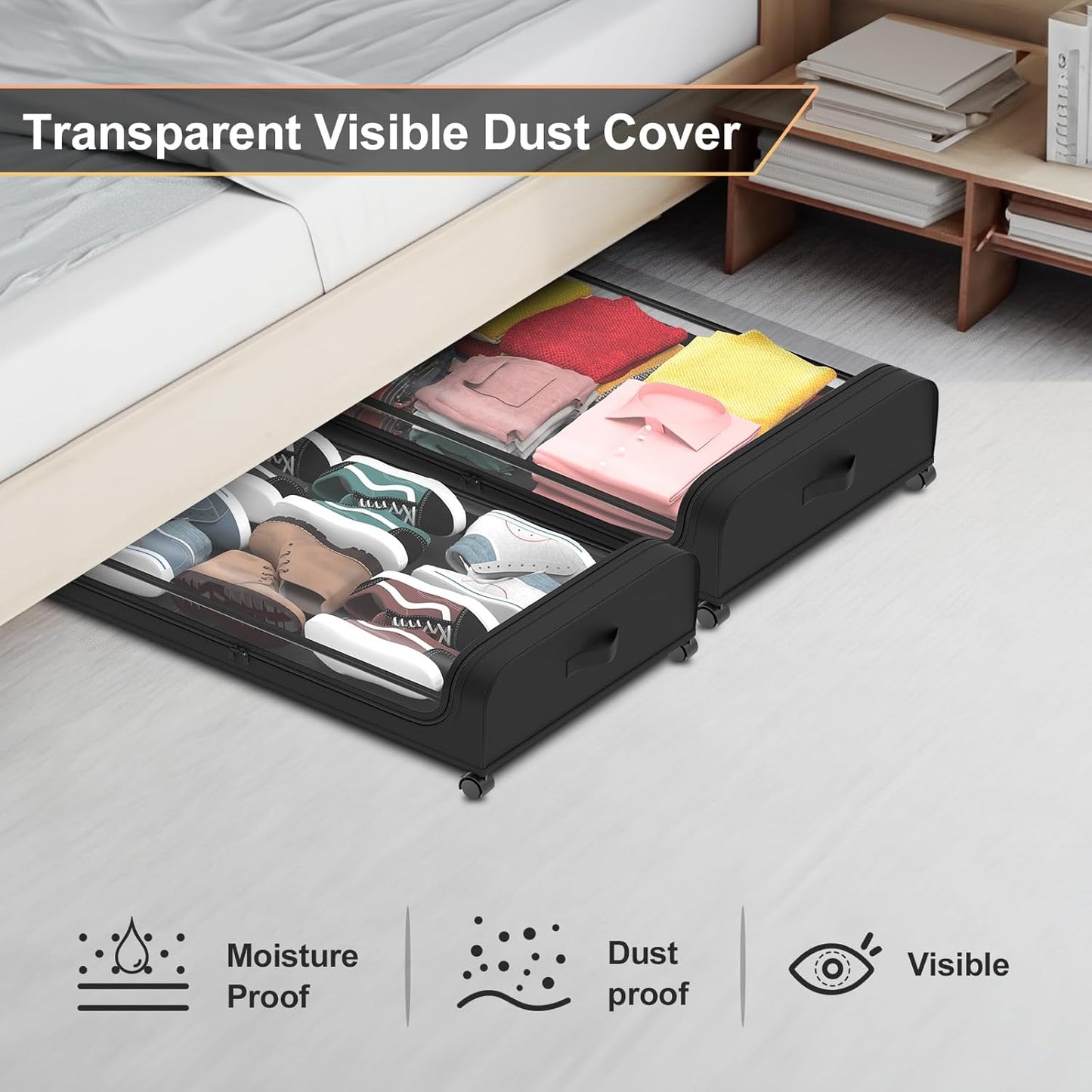 Under Bed Storage with Wheels, 2 Pack Under Bed Storage Containers, Under Bed Shoe Storage Organizer, Rolling Under Bed Metal Drawer for Clothes, Black