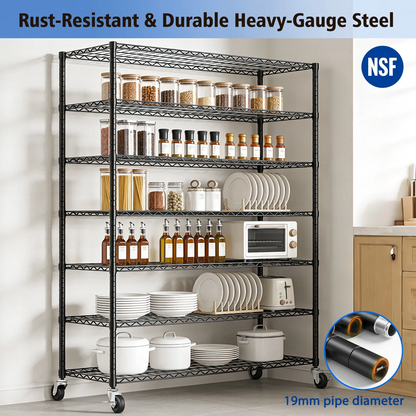 Storage Shelves, 7 Tier Adjustable Heavy Duty Steel Wire Rack Storage with Wheels, 47.2"×17.7"×78.7" Pantry Shelves Kitchen Office Industrial Commercial