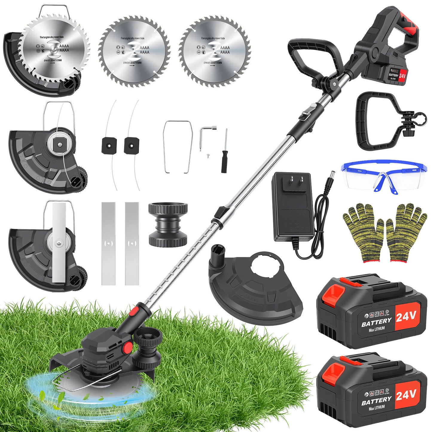 Electric Cordless Weed Eater, 4.0Ah Cordless Weed Wacker String Trimmer, 24V Grass Trimmer with 2 Battery, Charger Included