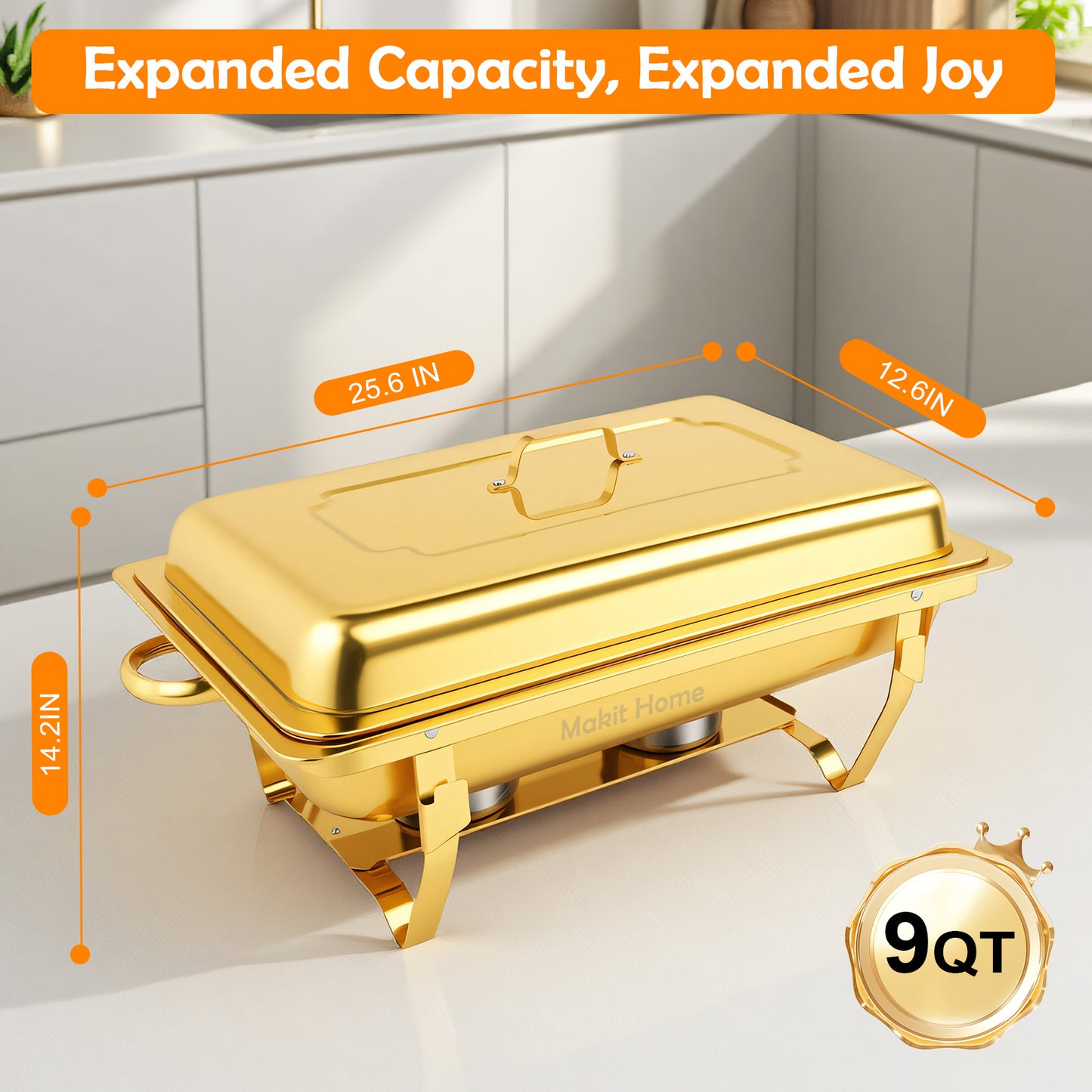 Chafing Dish Buffet Set 2 Pack:9QT Gold Stainless Steel Chafing Dishes for Buffet,Food Warmer with Food Tongs&Lids for Parties,Events,Weddings,Dinner
