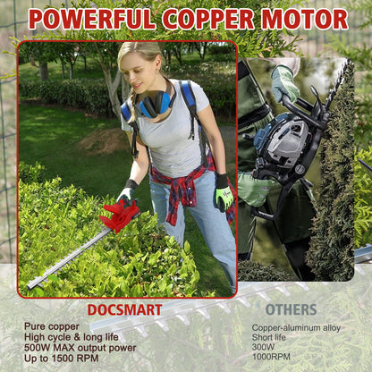 20 inch Cordless Hedge Trimmer, 24V Electric Hedge Trimmer with 2×2000mAh Batteries for Hedge Shrub Grass Lawn Pruning, Red