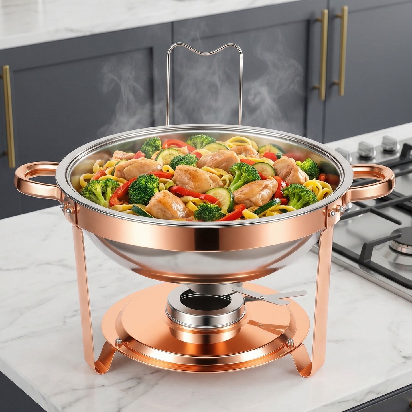 Chafing Dishes Buffet Set, 2 Pack 5.3QT Round Stainless Steel Chafer Set with Stands, Lids & Fuel Holders, Food Warmers for Parties, Catering Events, Weddings (Bright Pink Rose Gold Accents)