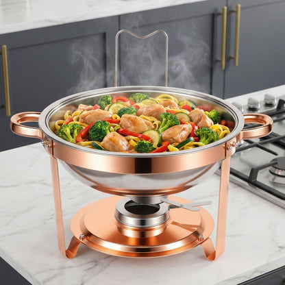 Chafing Dishes Buffet Set, 2 Pack 5.3QT Round Stainless Steel Chafer Set with Stands, Lids & Fuel Holders, Food Warmers for Parties, Catering Events, Weddings (Bright Pink Rose Gold Accents)