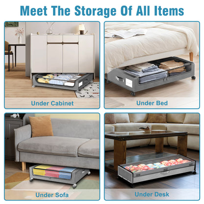 Underbed Storage Containers with Wheels, Under Bed Storage Bins With Lids, Large Capacity Metal Clothes Organizer for Bedroom, Storage Box for Clothing Shoes Blankets, Gray