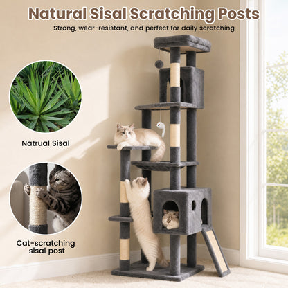 70" Cat Tree Tower, Heavy Duty Cat Tower for Multiple Adult Cats, Multi-Level Tall Cat Tree with 2 Condos, Hammock and Scratching Post for Indoor Kitties, Dark Grey