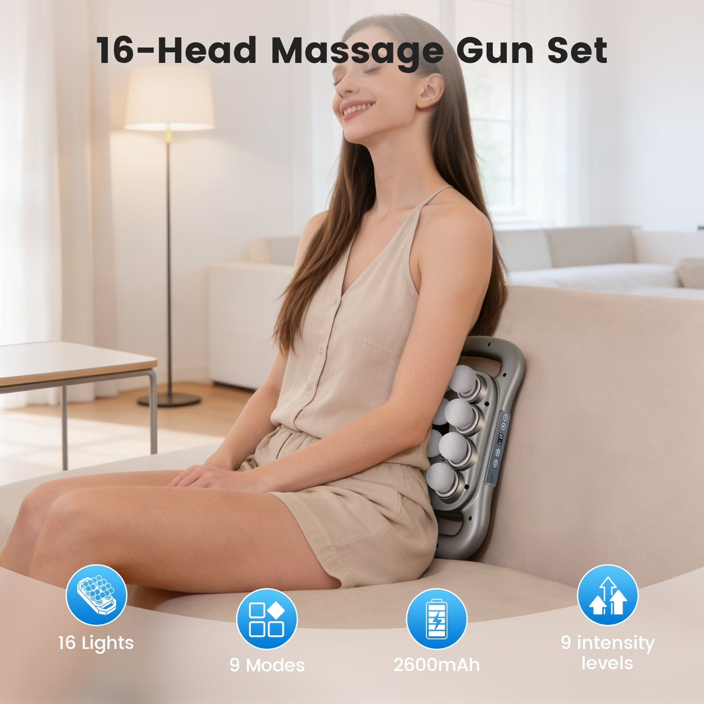 16 Head Massage Gun Set, Electric Muscle Massager with with 9 Modes 9 Intensities, 2000mAh Electric Massage Tools for Deep Tissue, Back, Shoulders, Legs, Gray