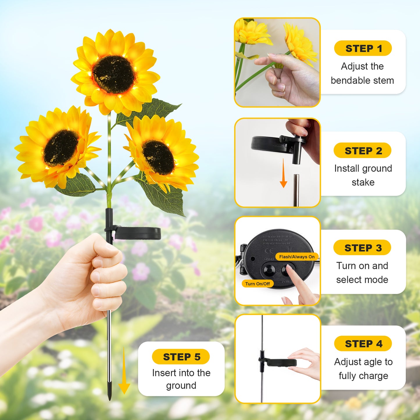 TopZoo 2PCS Solar Lights Outdoor, Three Head LED Sunflower Garden Lights, Waterproof, Auto On/Off Garden Decor Lights for Yard, Pathway, Patio, Porch