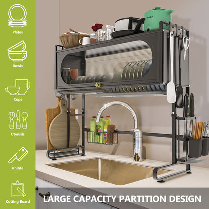 ALSO GO 3-tier Over The Sink Dish Drying Rack, Large Capacity Dish Rack with Cover, Expandable Length & Height, Adjustable Metal Dish Drainer for Kitchen Counter, Space-Saving, Black