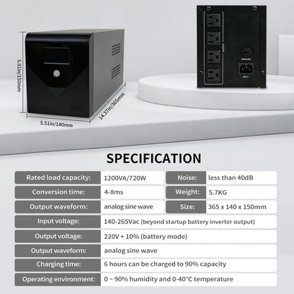 Backup UPS Power Supply 1200VA 720W Battery Backup Power with 4 Outlets and LCD Display, Suitable for Home and Office