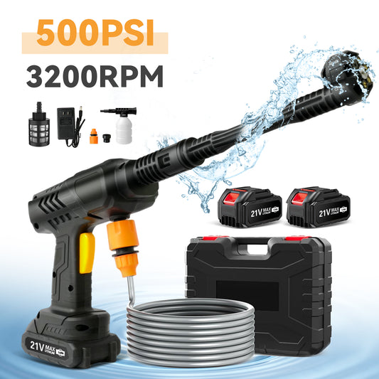 21V 6 In 1 Nozzles Car Power Cleaner Machine, 3200RPM,500PSI, Portable High Pressure Car Wash, Cordless Pressure Washer with 2 Rechargeable Batteries, 32.8FT Water Pipe