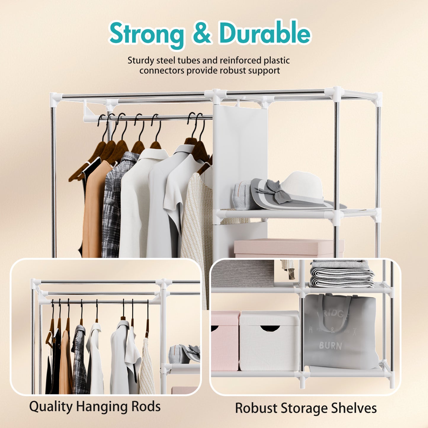 BAOKALER Portable Closet Clothes Garment Rack, Wardrobe Organizer with 6 Shelves & 1 Hanging Rod, 4 Side Pockets for Bedroom, Living Room, Cloakroom, Dorm, Apartment, Gray