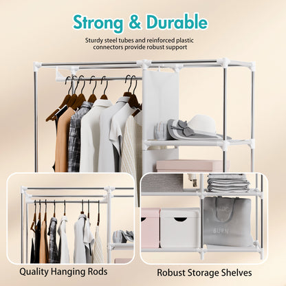 BAOKALER Portable Closet Clothes Garment Rack, Wardrobe Organizer with 6 Shelves & 1 Hanging Rod, 4 Side Pockets for Bedroom, Living Room, Cloakroom, Dorm, Apartment, Gray