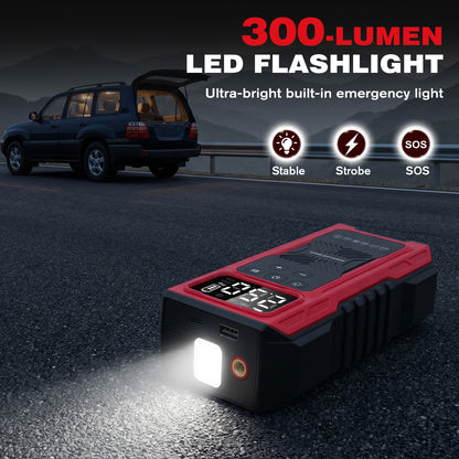 1200A Peak Car Battery Jump Starter with Tire Inflator, Portable 4?in?1 Jump Starter with USB Output & 150 PSI Air Compressor, 12V Jump Pack with Full?Screen LED Display and SOS Emergency Light, Red