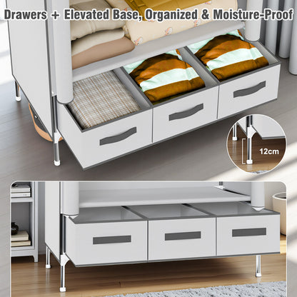 Portable Closet Wardrobe with 3 Storage Drawersfor Home Bedroom, 67 Inches Tall Closet Organizer with Hanging Space for Coats and Bags, turdy & Easy to Assemble, Off-White