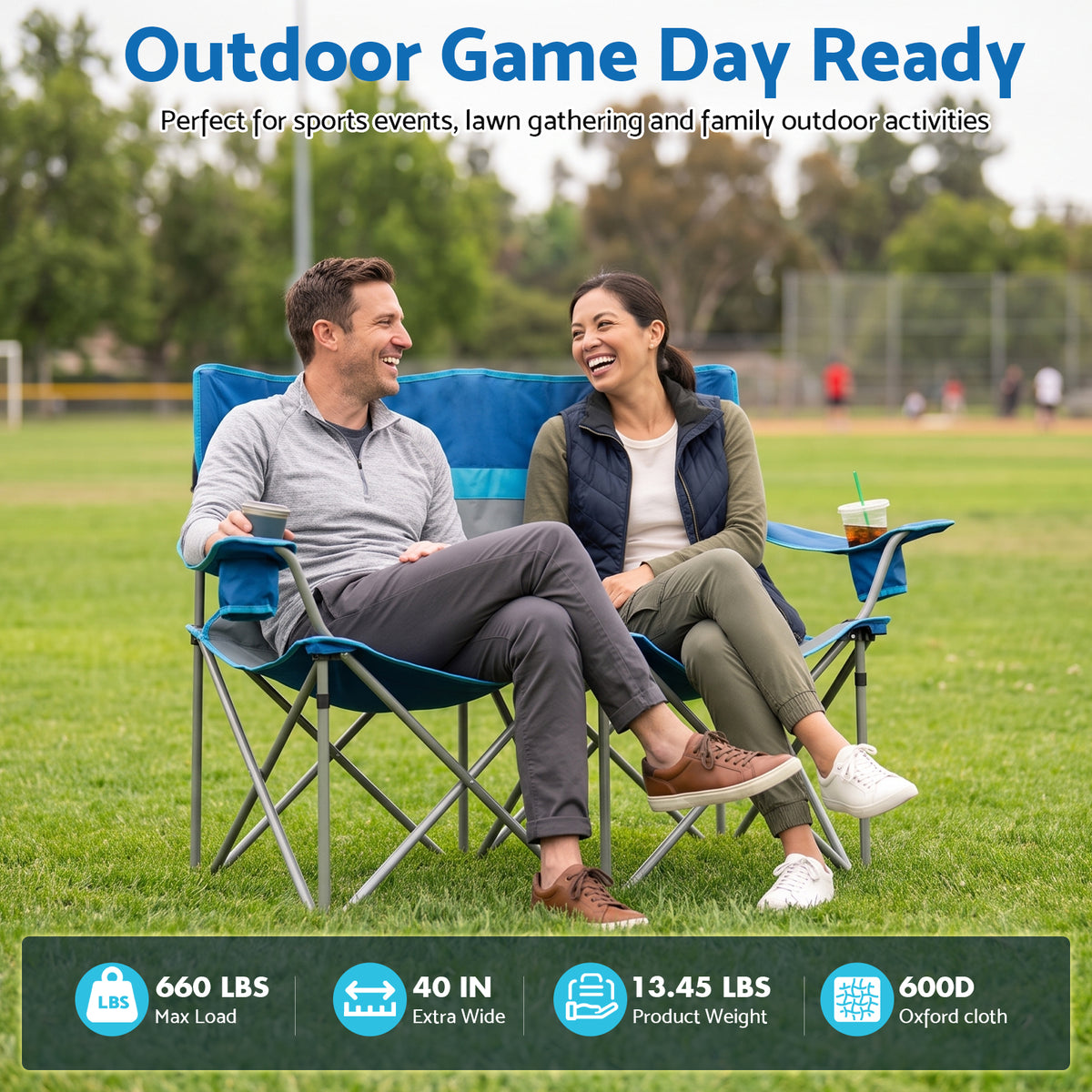BAOKALER Double Camping Chair for 2 Person, Folding Loveseat Outdoor Chair with 2 Cup Holders, High Back Portable Camping Couch for Beach Picnic, Supports 660 LBS