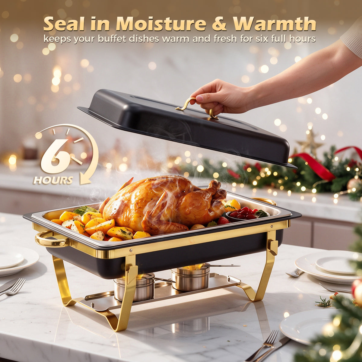CATGOOD 9QT Black Gold Chafing Dish Buffet Set 2 Pack, Stainless Steel Chafing Dishes for Buffet, Buffet Warmer with Scratch-Resistant Coating, Food Warmers for Parties, Buffet Restaurants