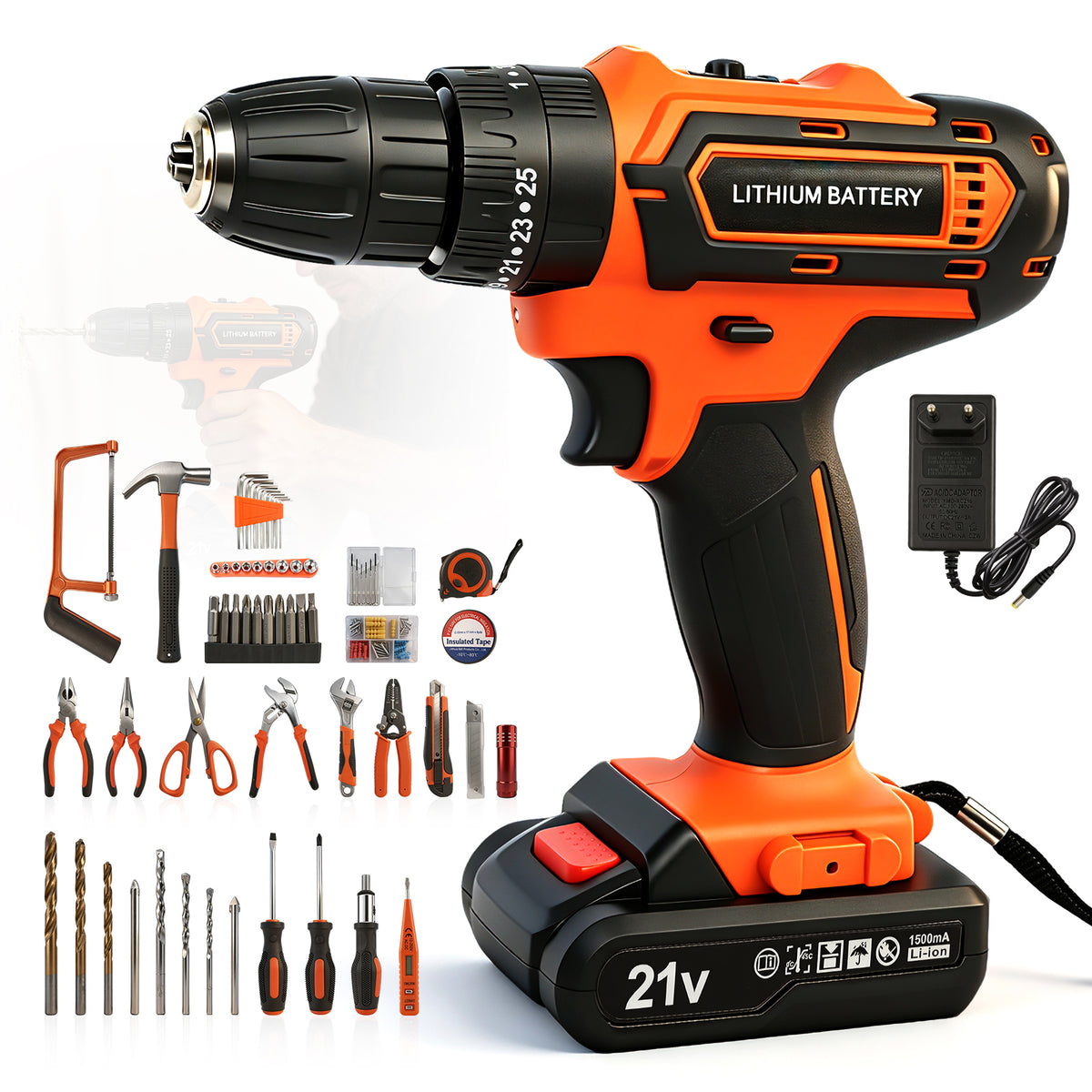 Power Tool Set with 20V Cordless Drill Driver, 113Pcs Household Tool Set, Power Drill Set with Plastic Toolbox, Ideal for Office, Garden, DIY Project
