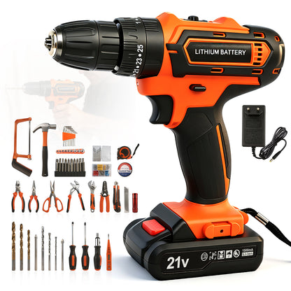 Power Tool Set with 20V Cordless Drill Driver, 113Pcs Household Tool Set, Power Drill Set with Plastic Toolbox, Ideal for Office, Garden, DIY Project