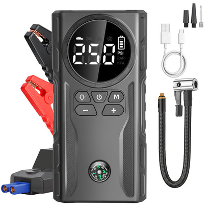 800A Peak Car Battery Jump Starter with Tire Inflator, Portable 6?in?1 Jump Starter with Dual USB Ports & 12V DC Output, 12V Jump Pack with 300?Lumen Tri?Mode SOS LED Light, Black