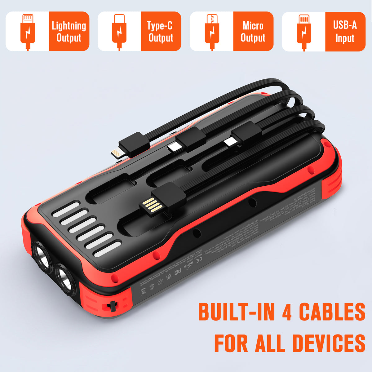 40000mAh Solar Power Bank Red, Portable Charger 20W PD Fast Charging, Solar Charger Power Bank W/4 Built-in Cables & 9 Charging Ways, Waterproof Dual LED Flashlights for Camping Hiking