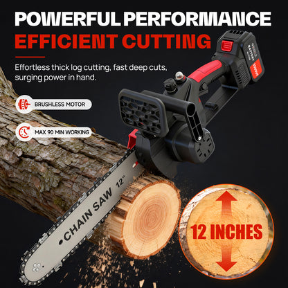 BAOKALER 12" 1800W Cordless Chainsaw, Handheld Electric ChainSaws with 2 x 2.0Ah Batteries & Fast Charger, 3 Chains & 2 Guide Bars, for Wood Cutting, Tree Pruning and Trimming, Red