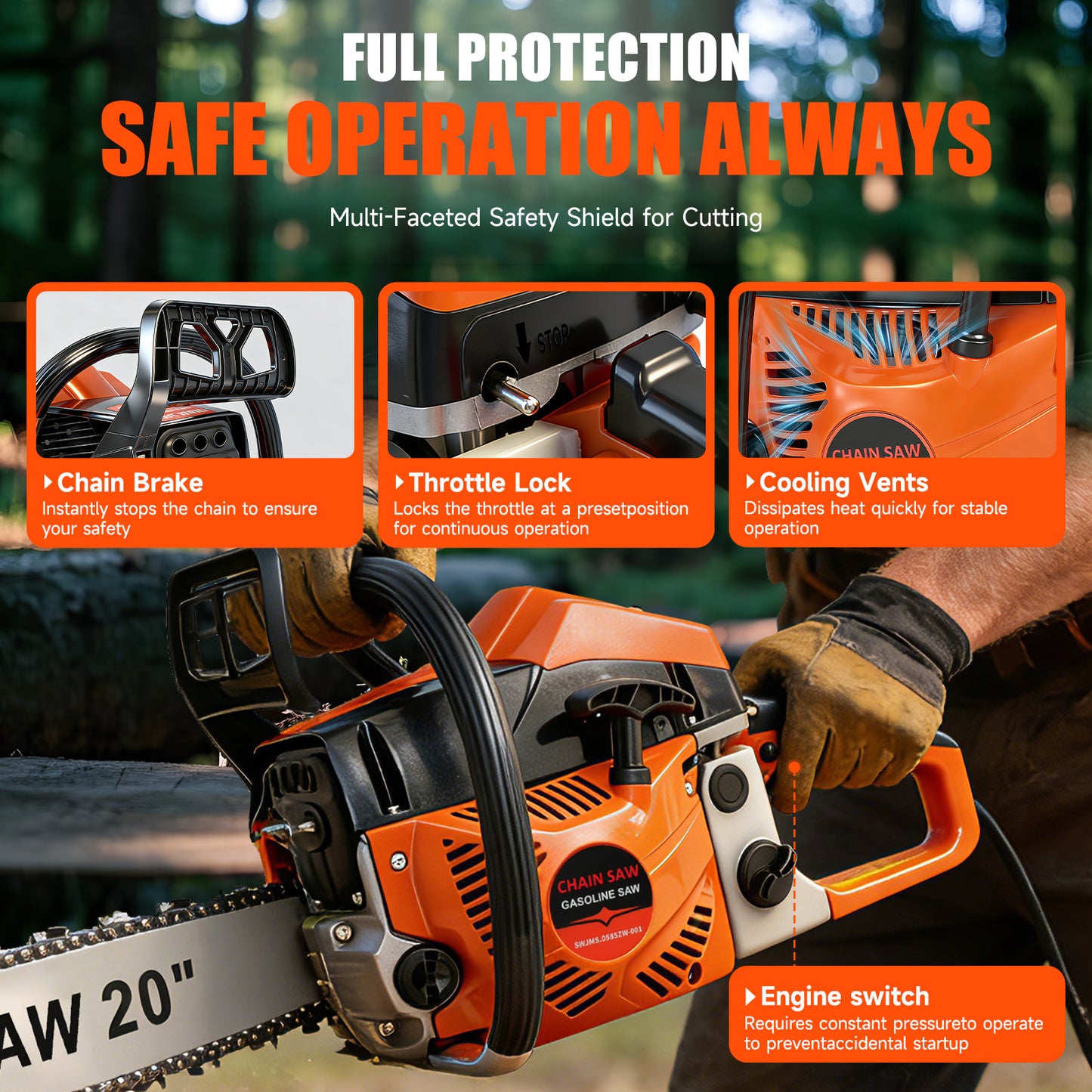 BAOKALER Cordless Gas Chainsaw 20-Inch 62CC, 2-Stroke Engine for Wood Cutting, EPA Certified with 2 Chains, Orange