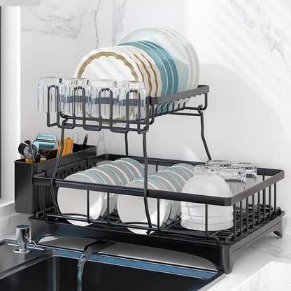 Dish Drying Rack for Countertop, Rustproof Space-Saving & Multipurpose 2-Tier Dish Rack for Kitchen Counter with Utensil Holder, Large Capacity, Black