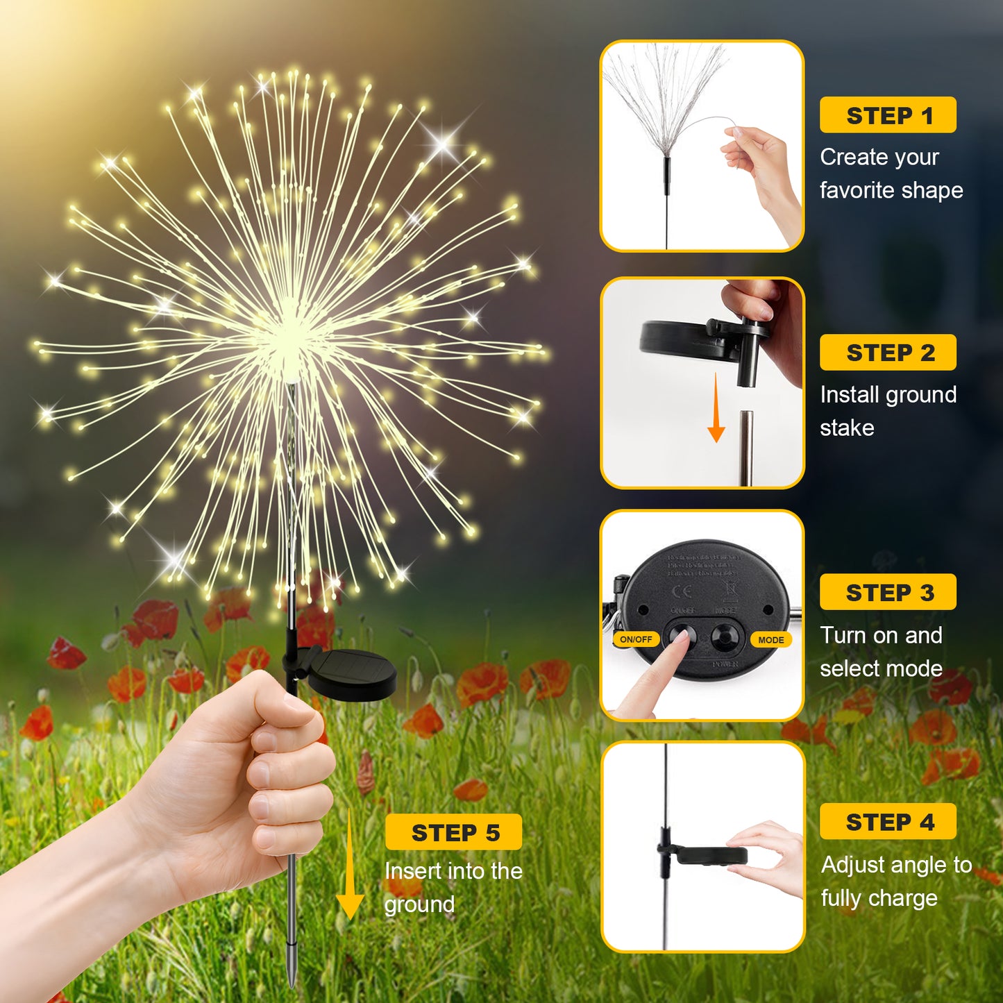 RICAN Solar Garden Lights Outdoor Decorative, 2 Pack Firework Garden Stake Lights Solar Powered, DIY Bendable Copper Wire Waterproof for Garden, Yard, Patio, Flower Bed, Chiristmas Decor