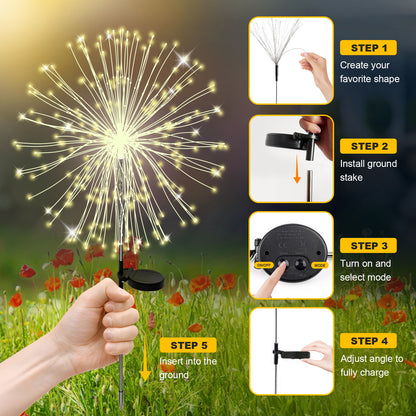 RICAN Solar Garden Lights Outdoor Decorative, 2 Pack Firework Garden Stake Lights Solar Powered, DIY Bendable Copper Wire Waterproof for Garden, Yard, Patio, Flower Bed, Chiristmas Decor
