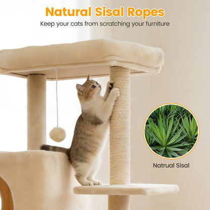 Sturdy 40-inch Cat Tree Tower with Cat Cave & Ramp Steps - Multi-Level Play & Sleep Center for Large Indoor Cats, Beige