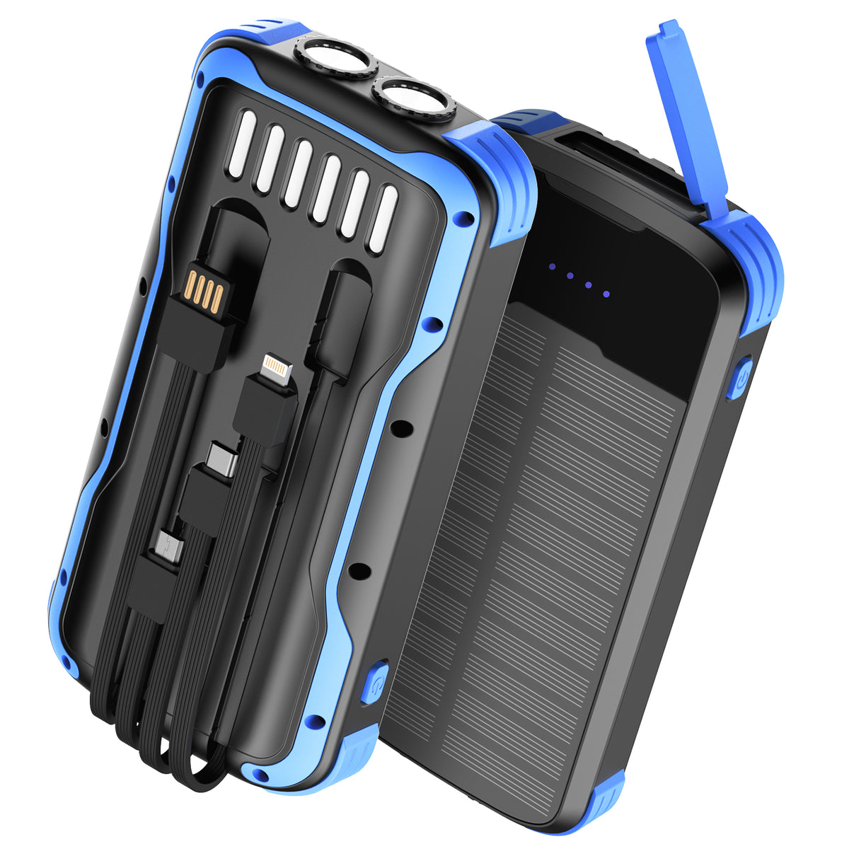 40000mAh Solar Power Bank Blue, Portable Charger 20W PD Fast Charging, Solar Charger Power Bank W/4 Built-in Cables & 9 Charging Ways, Waterproof Dual LED Flashlights for Camping Hiking