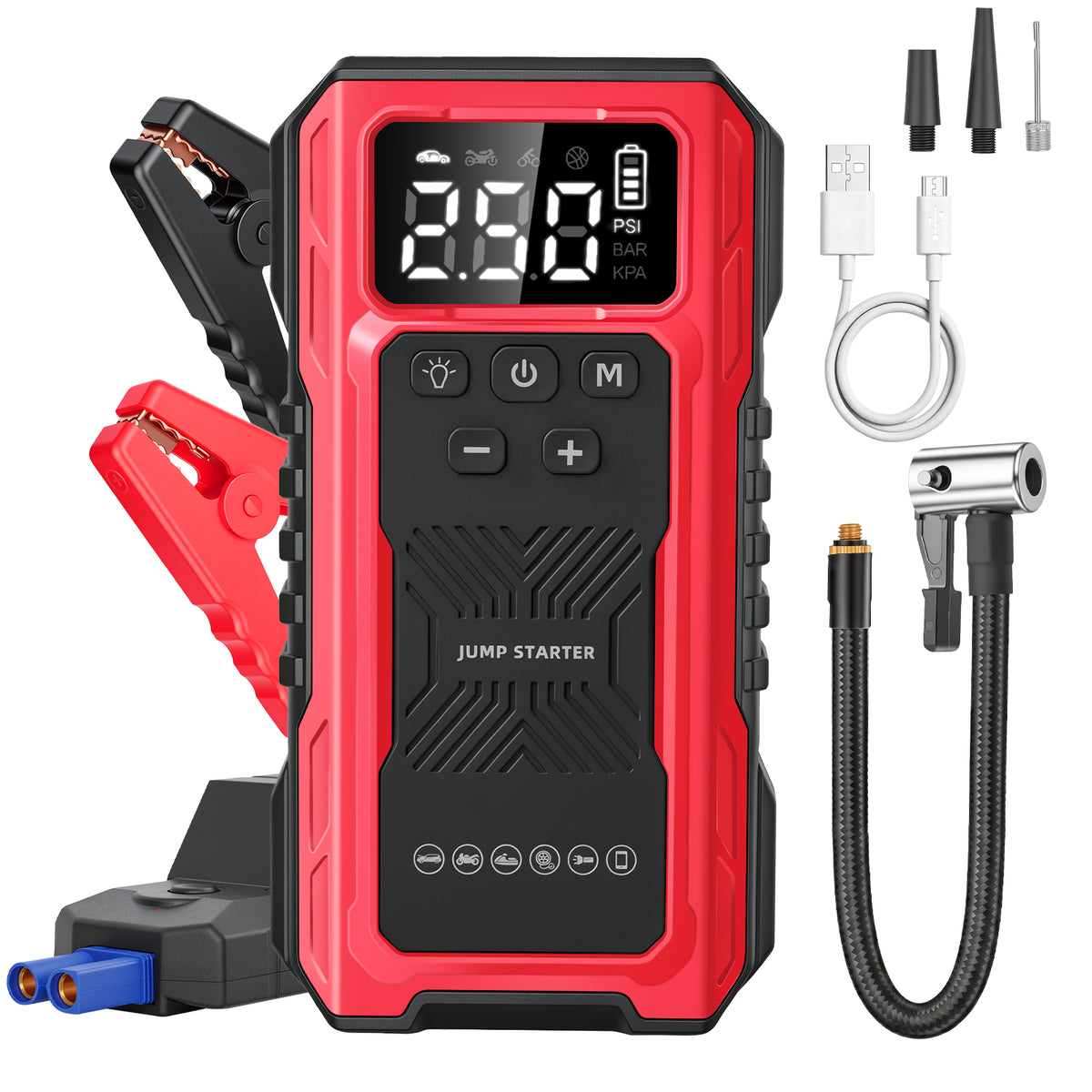 1200A Peak Car Battery Jump Starter with Tire Inflator, Portable 4?in?1 Jump Starter with USB Output & 150 PSI Air Compressor, 12V Jump Pack with Full?Screen LED Display and SOS Emergency Light, Red