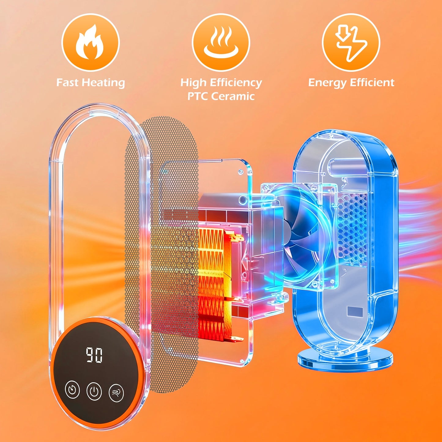 1200W Tower Heater, Ceramic Space Heater with Thermostat, 3D Realistic Flame Effect and Remote Control, 3 Modes, Overheat and Tip-Over Protection, Suitable for Home/Living Room