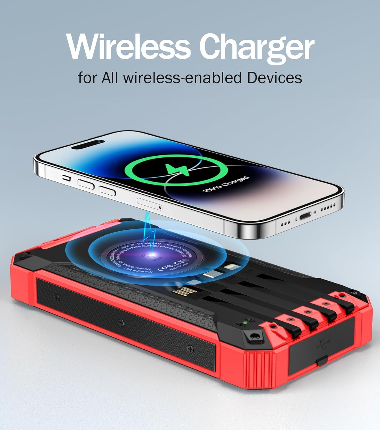 2PK Power Bank Wireless Charger 46800mAh Built in 4 Cables Six Outputs 15W Fast Charging Power Bank for All Mobile Devices Three Inputs Solar Portable Charger with Dual Flashlights, Carabiner(Red)