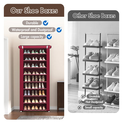 BAOKALER 10-Tier Closet Shoe Storage Shelf with Cover, Non-Woven Fabric Shoe Rack Organizer for 27 Pairs, Wine Red