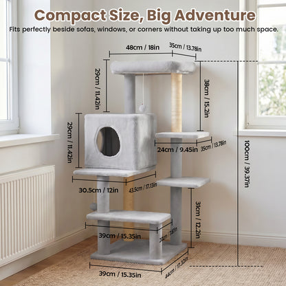 Sturdy Cat Tree: 40-Inch Indoor Cat Tower with Steps for Easy Climbing, Hiding Caves, Scratching Posts & Toys, Perfect for Big Cats