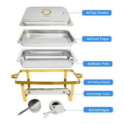 CATGOOD Chafing Dish Buffet Set 4 Pack, 8QT-9QT Rectangular Semi-Gold-Plated Stainless Steel Chafing Dish Set, Buffet Warmer for Hotel Catering, Parties, Weddings, Gold