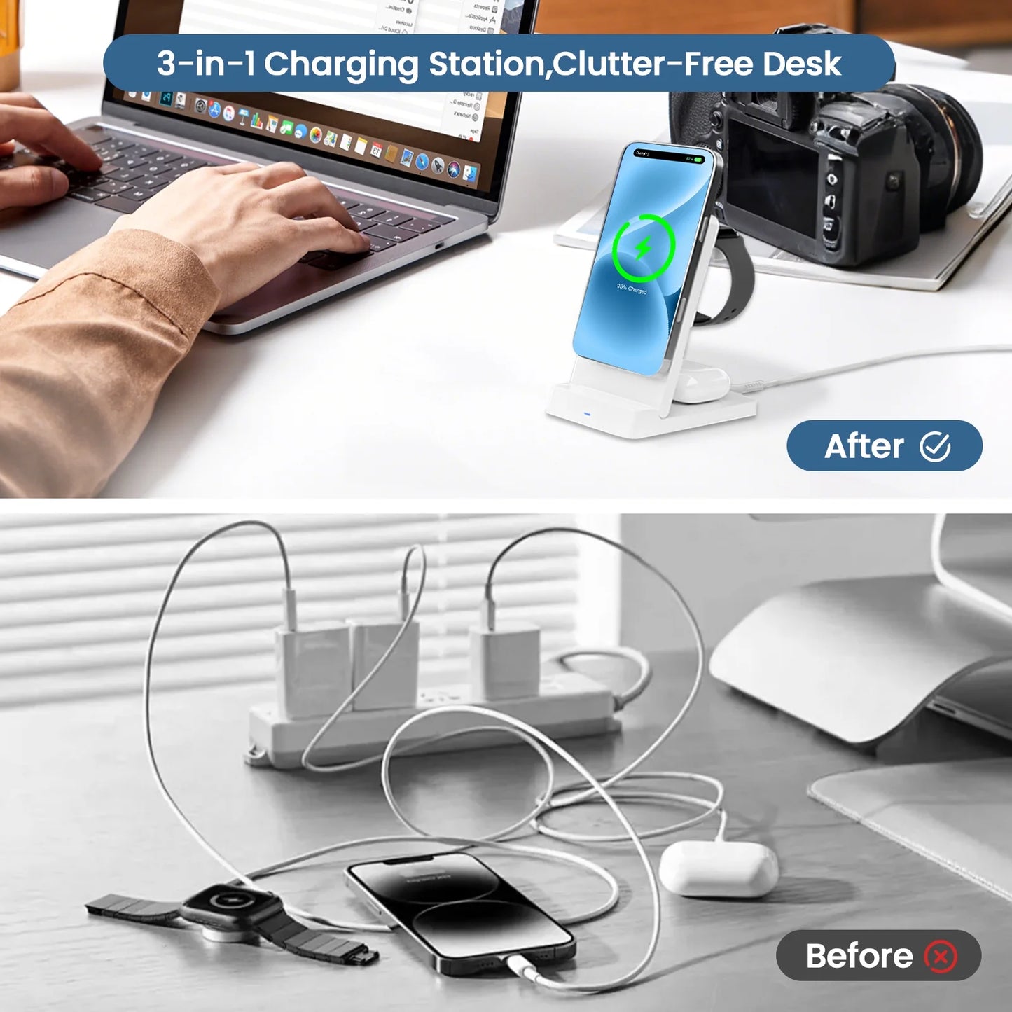 Magnetic Wireless Charger,3 in 1 Portable Charger Charging Station Compatible for iPhone 17 16e 16 15 14 13 12 11 X Pro Max & iWatch-Wireless Charging Dock for AirPods 4 3 Pro,White